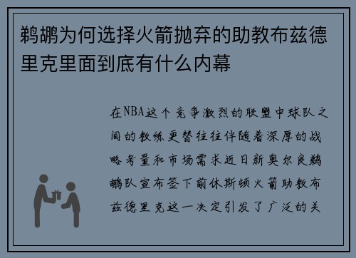 鹈鹕为何选择火箭抛弃的助教布兹德里克里面到底有什么内幕