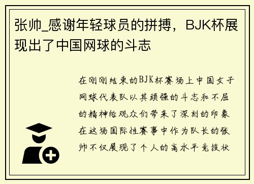 张帅_感谢年轻球员的拼搏，BJK杯展现出了中国网球的斗志