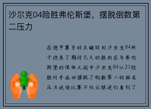 沙尔克04险胜弗伦斯堡，摆脱倒数第二压力